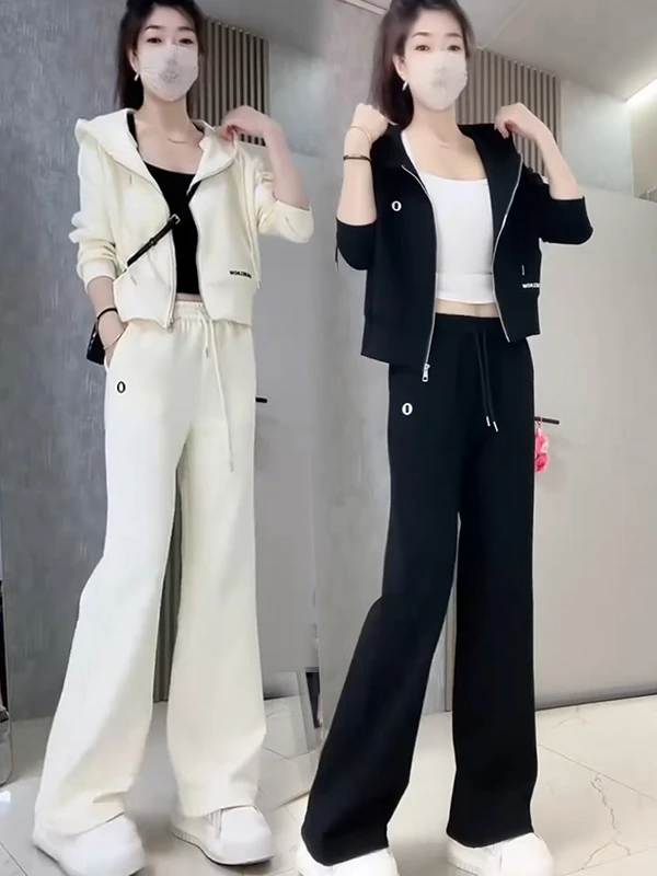 卫衣开衫秋季运动套装时尚减龄喇叭裤刺绣连帽洋气 女款两件套