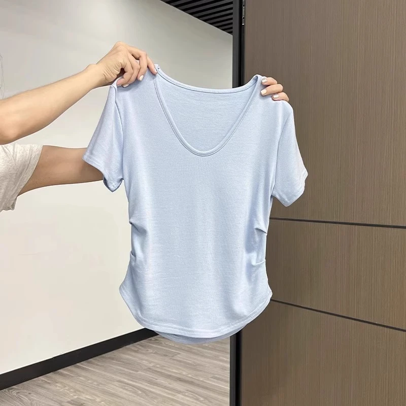夏季奶油马卡龙短袖上衣2025新款百搭洋气V领显瘦褶皱收腰T恤女装