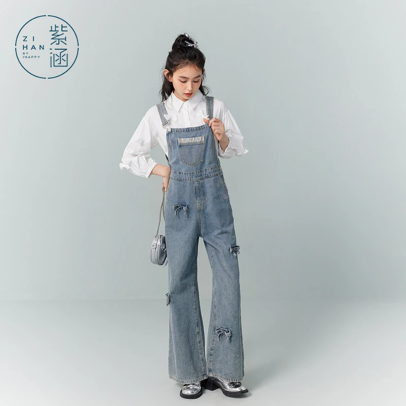 紫涵复古牛仔背带裤女可调节肩带立领蝴蝶结阔腿裤子Z4Z06AS158