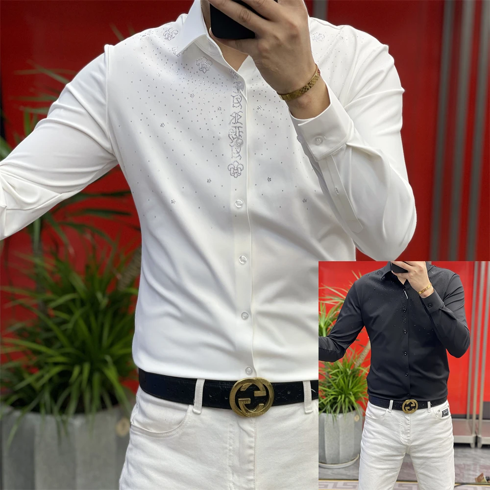 男士春季衬衫2025新款百搭修身长袖潮流休闲个性烫钻高端商务上衣