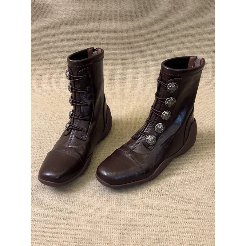 nnmiss/3cm复古风方头骑士靴金属徽章扣后拉链休闲运动厚底短靴