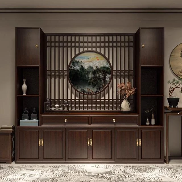 新中式实木屏风隔断客厅玄关柜遮挡装饰柜置物架酒柜一体柜可定制