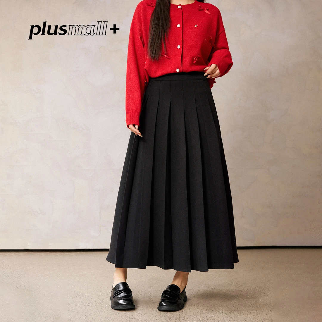 PLUSMALL 夜影轻摆 都市通勤西装长款TR百褶半裙PM2511120