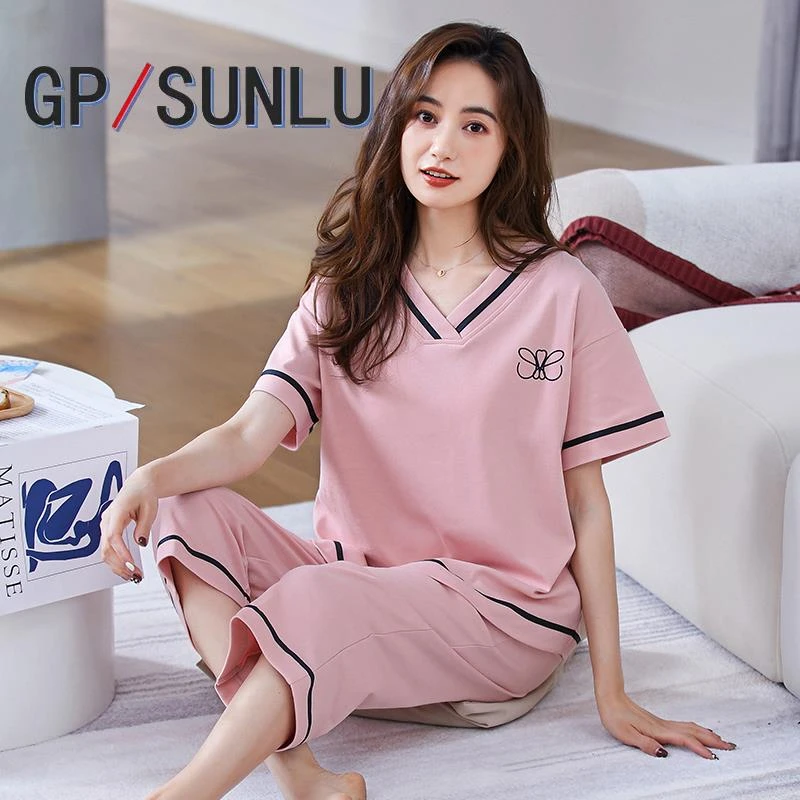 日本小众GP睡衣女夏季棉质短袖七分裤薄款家居服可外穿套装