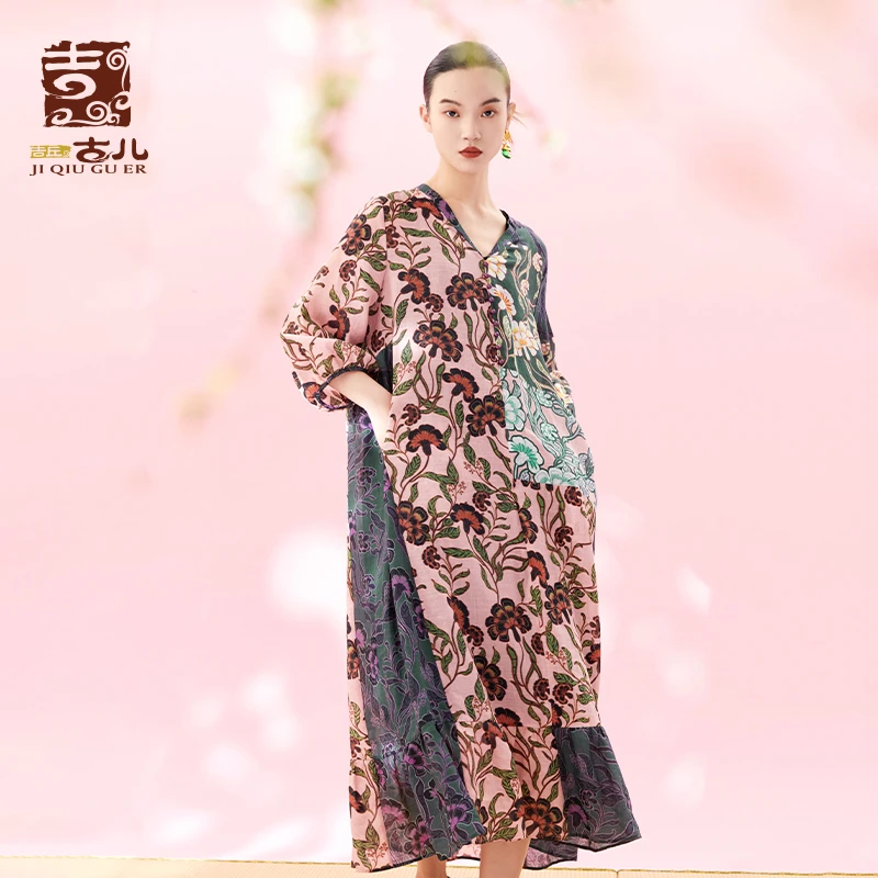吉丘古儿宽松连衣裙碎花八分袖时尚气质连衣裙女夏季G242Y011