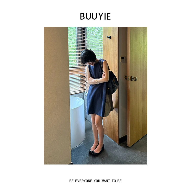 BUUYIE 25SS【棠汛】时尚简约拼色圆领无袖宽松连衣裙 250616