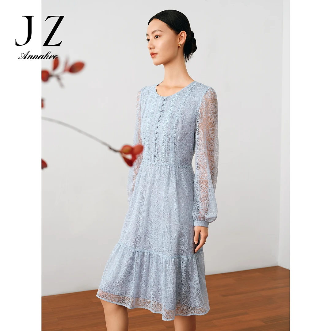 【羊羊专属】玖姿安娜蔻JTDQ50071气质优雅蕾丝泡泡袖荷叶边连衣裙