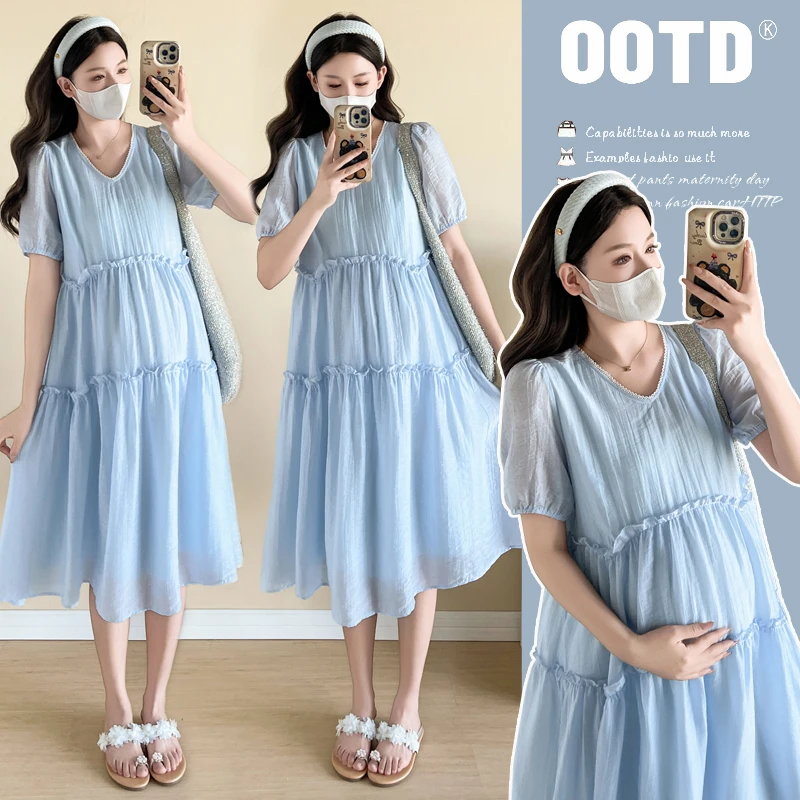 高级洋气孕妇装夏装韩版宽松连衣裙夏季时髦孕妈装小个子夏天裙子