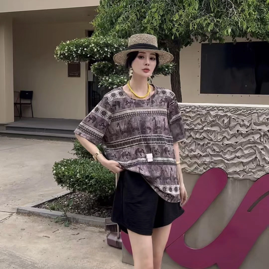 复古时尚透气1688凤枝大码女装夏款短袖  衣长70左右
