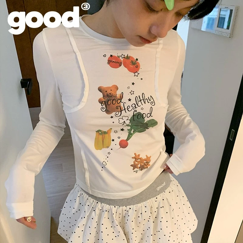 美好商店MeihaoStore春日亮色系饼干水果多层次长袖打底T恤