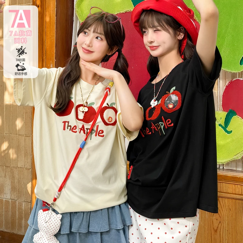 森女部落原创立体毛巾绣苹果无性别休闲短袖7A抗菌T恤圆领上衣