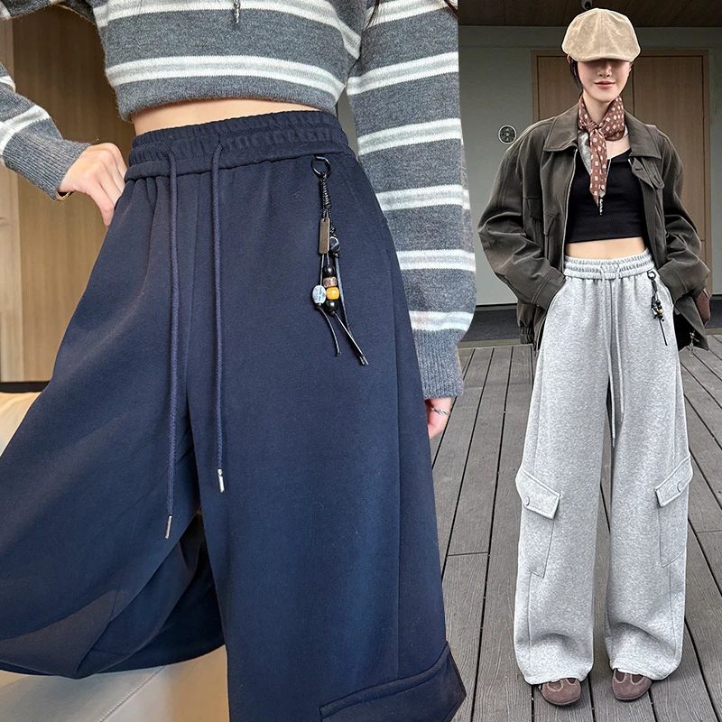 美式工装裤女秋季高级感抽绳宽松休闲运动裤子高腰显瘦直筒阔腿裤