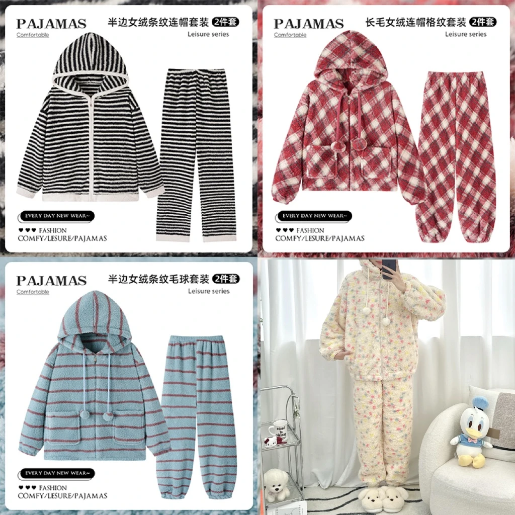 【二号链接】冬季2025卡通绒款新款睡衣女加厚两件套装加绒家居服女