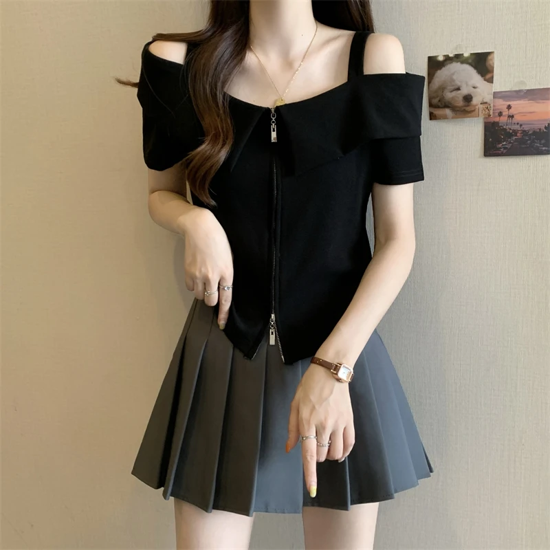 大码女装遮肚子露肩双拉链一字肩短袖T恤女胖MM显瘦遮肉别致上衣