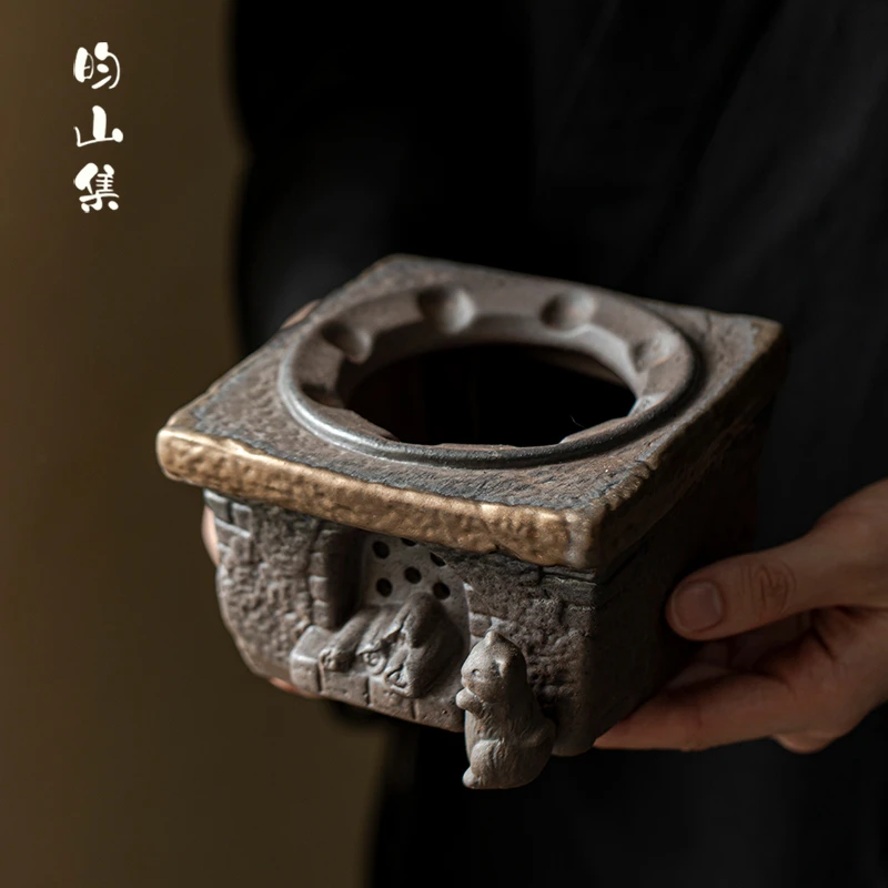 粗陶复古茶壶日式老岩泥鎏金提梁壶暖茶炉煮茶套组功夫茶具泡茶器