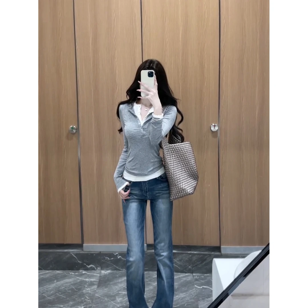 2025春秋新款假两件长袖t恤女修身短款撞色小众法式别致内搭上衣