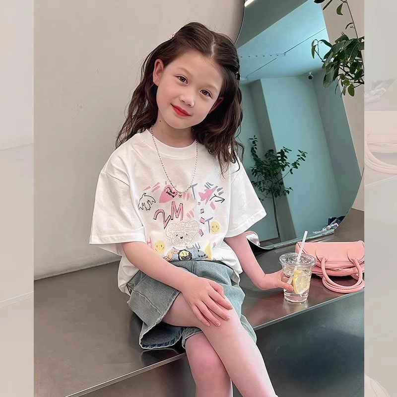 女童涂鸦印花短袖T恤2025夏装新款网红洋气体恤儿童宽松纯棉上衣