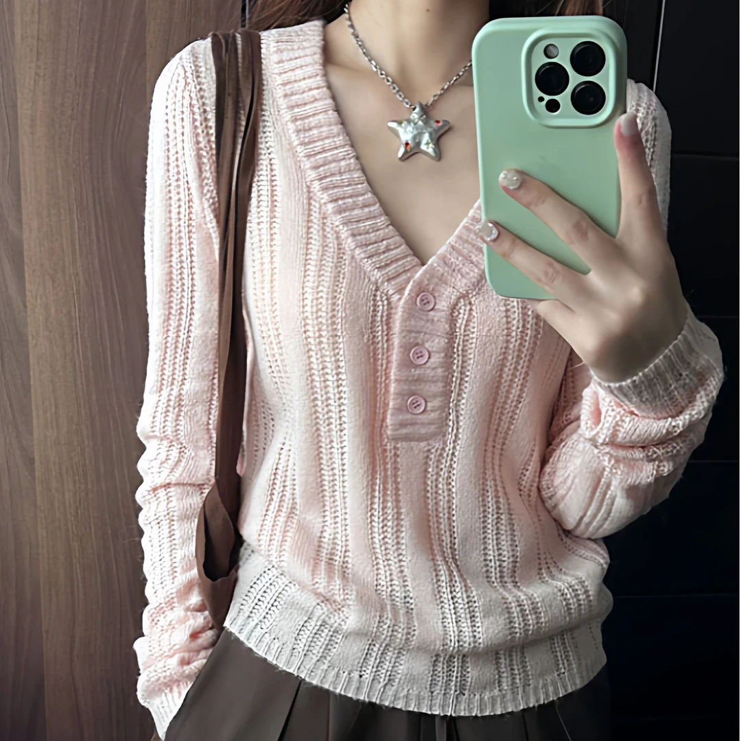 巨好看的韩系早秋穿搭粉色V领套头打底毛衣女秋冬内搭针织衫上衣