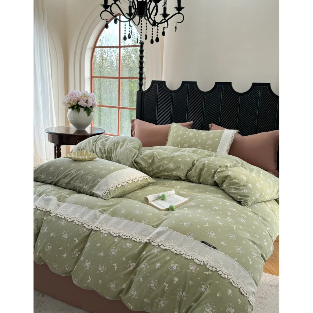 【大漂亮】全棉法式针织棉双层纱针织花边款四件套