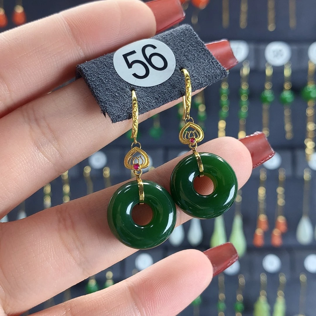 和田玉耳饰18K金镶嵌56