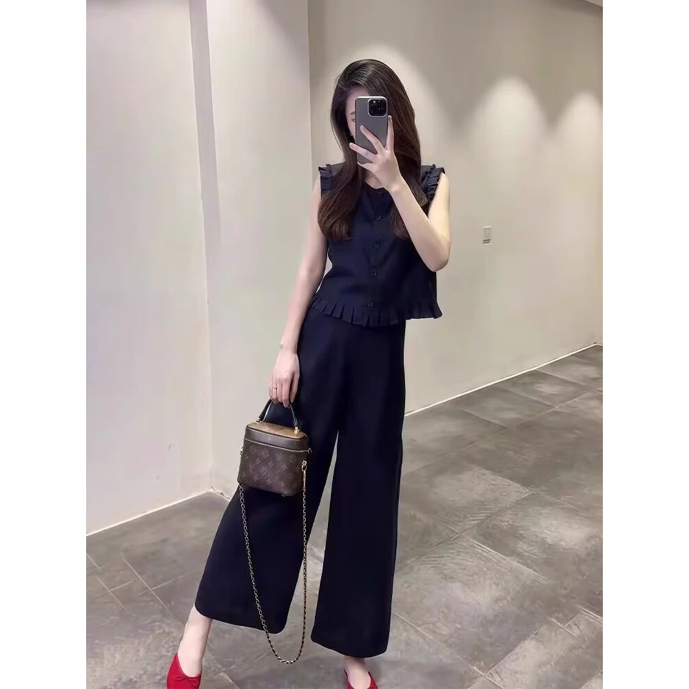 减龄穿搭一整套减龄无袖衬衫九分裤两件套小个子显高套装6904上