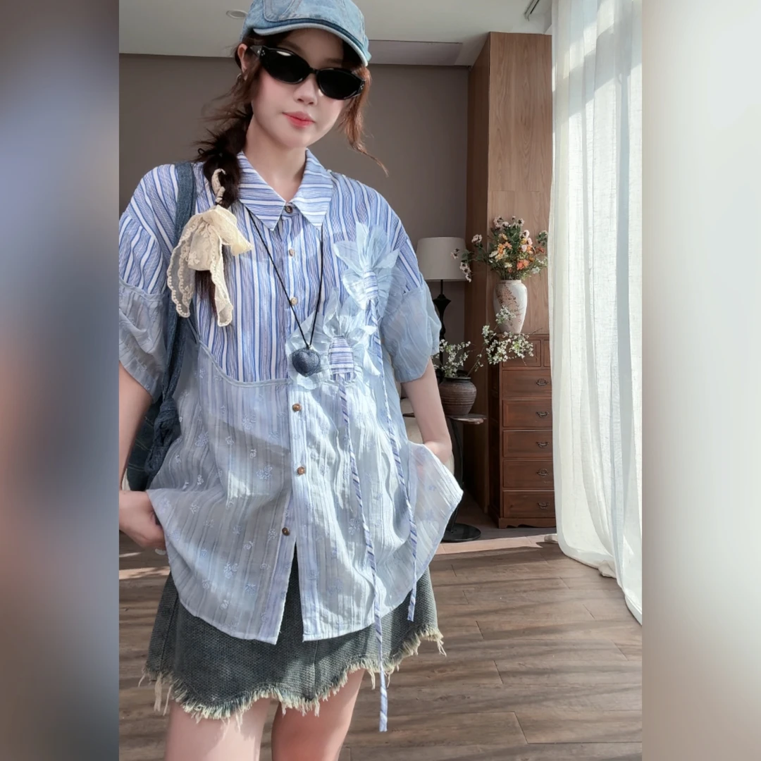 衬衫【20℃的加州】夏季新款设计感小众拼接衬衫女20601