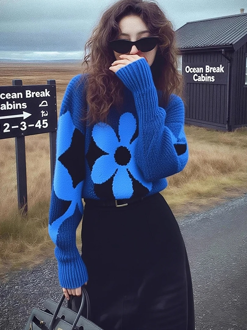流行款时尚百搭宽松保暖舒适日常通勤蓝色针织衫女2025冬花朵毛衣