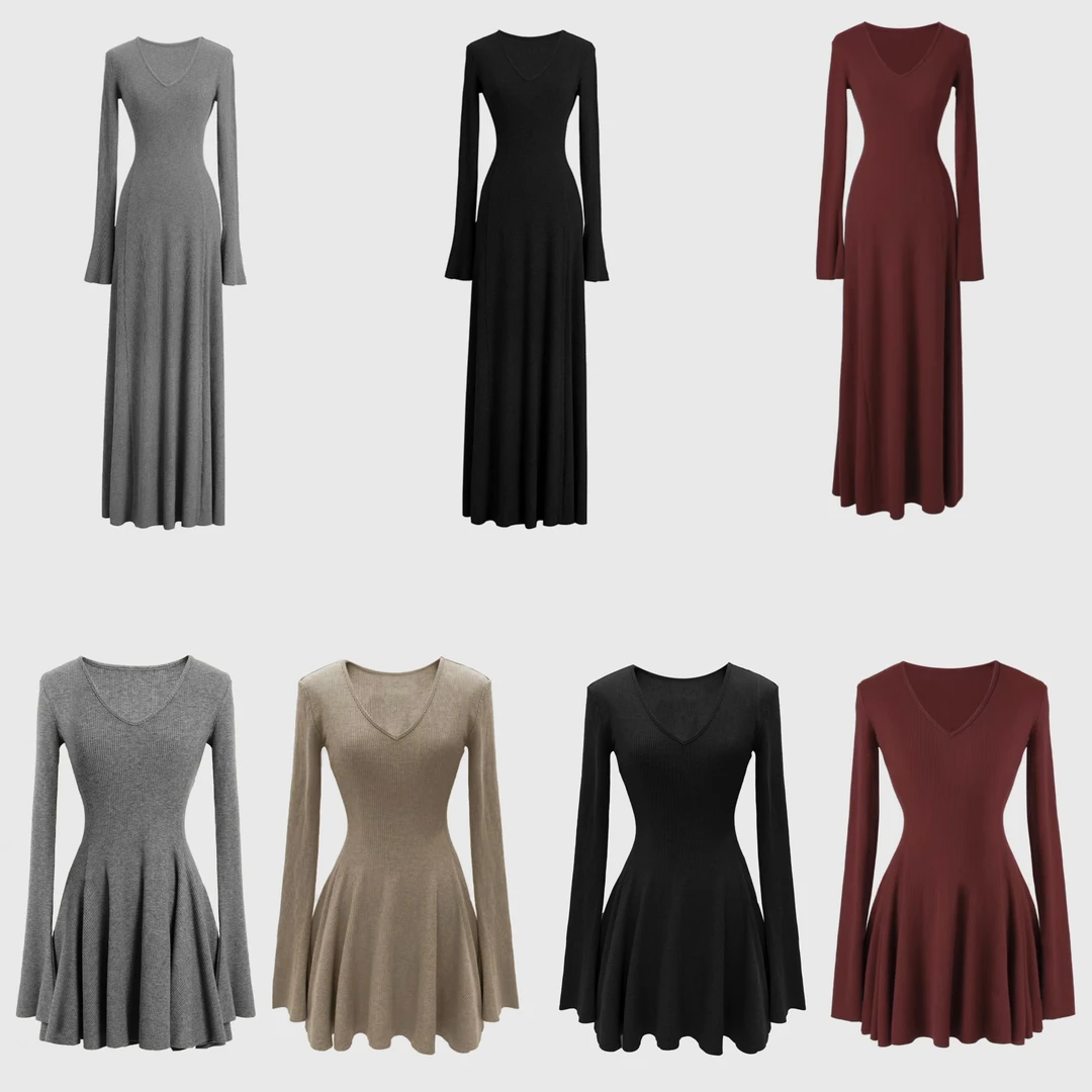 2025新款秋冬设计感时尚长袖高弹百搭打底收腰长款黑色修身连衣裙