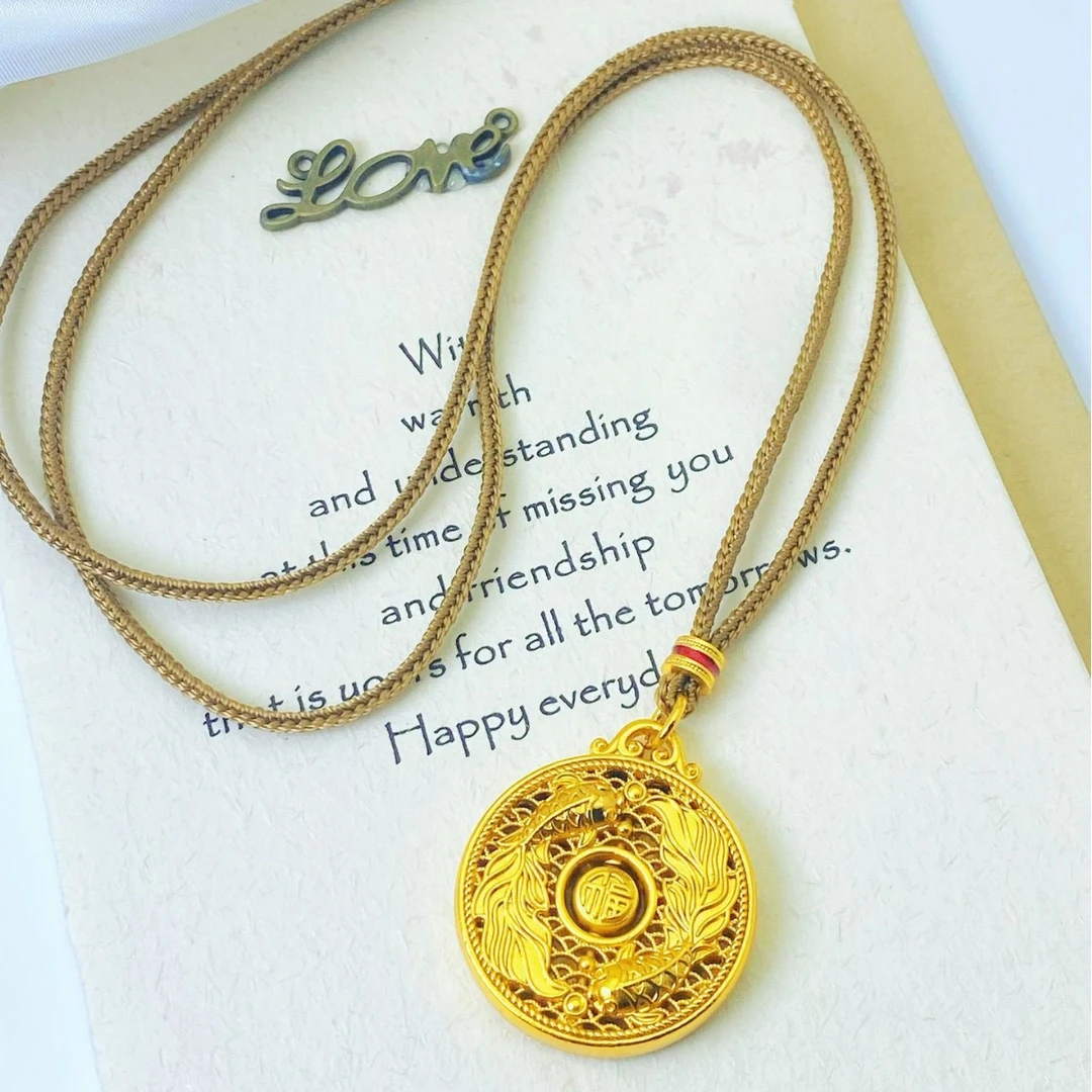 钛钢布艺项链 金店同款可旋转锦鲤福字罗盘【230】古法坠饰双面气质