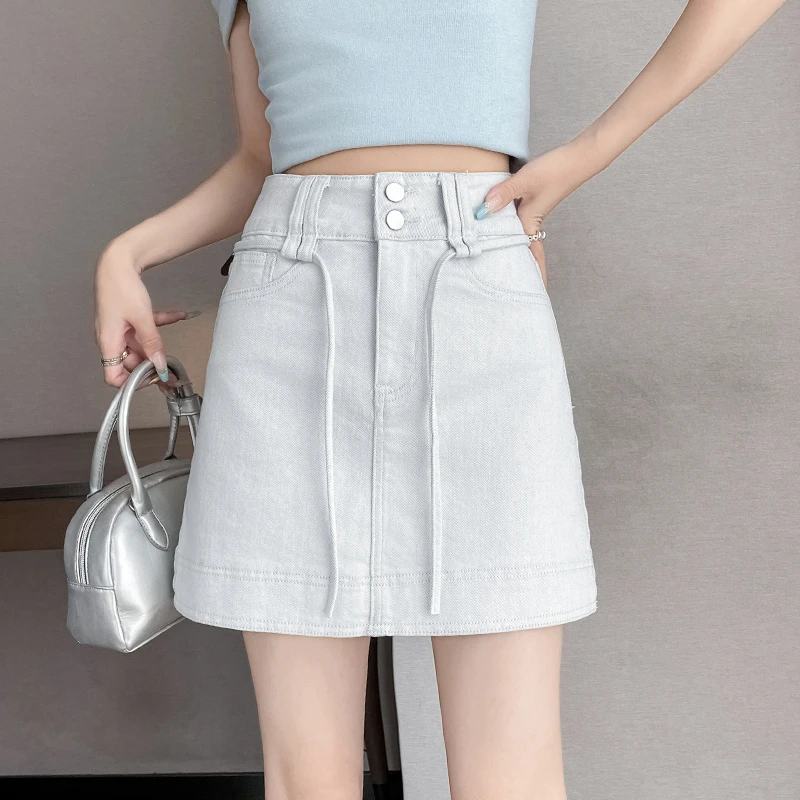 月光灰牛仔短裙女2025夏季双扣高腰弹力紧身抽绳绑带a字半身裙子