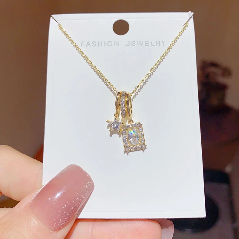 铜合金亚克力耳饰 小众设计感锆石方形锁骨链个性时尚精致项链