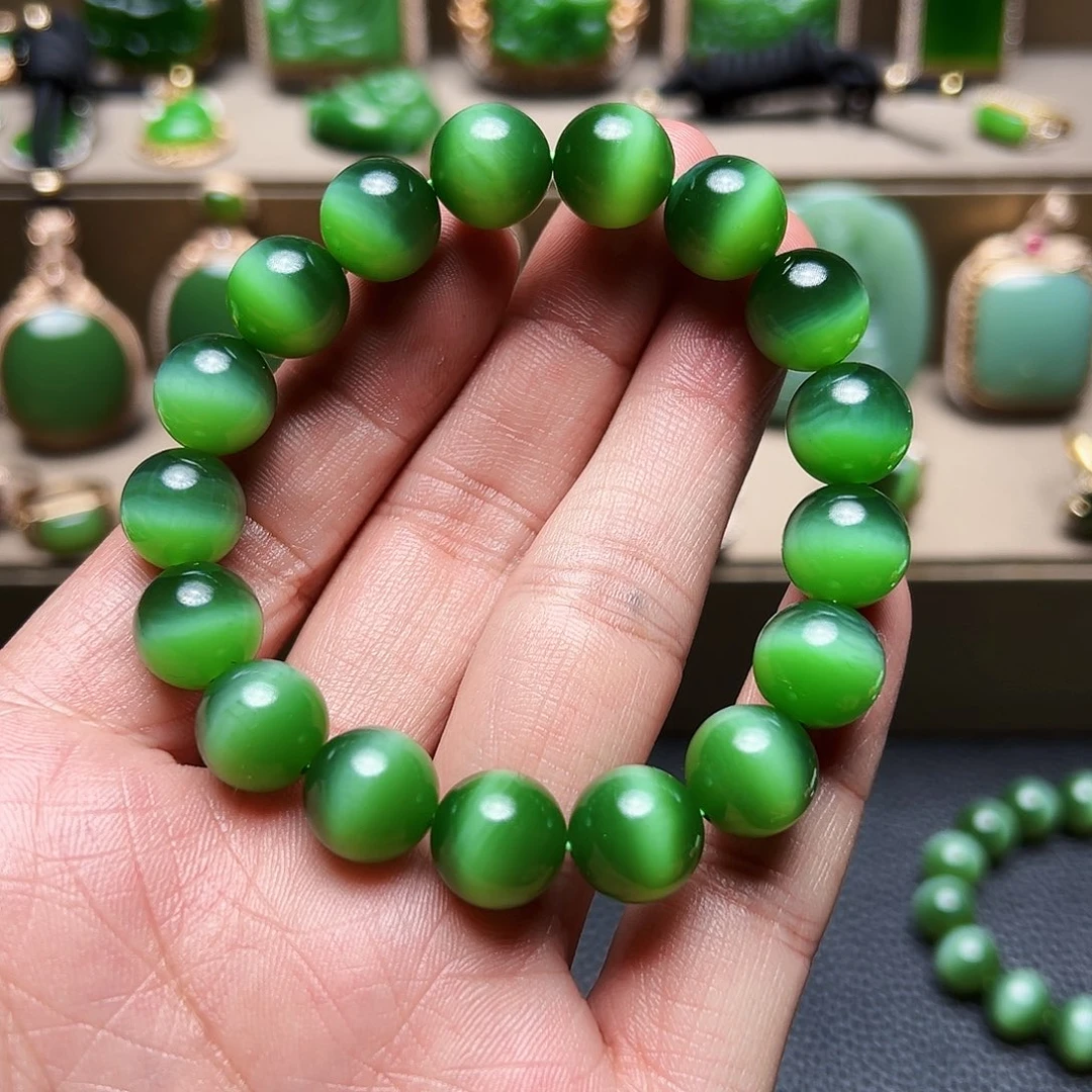 和田玉（碧玉）未镶嵌颈饰碧玉绿猫眼手串