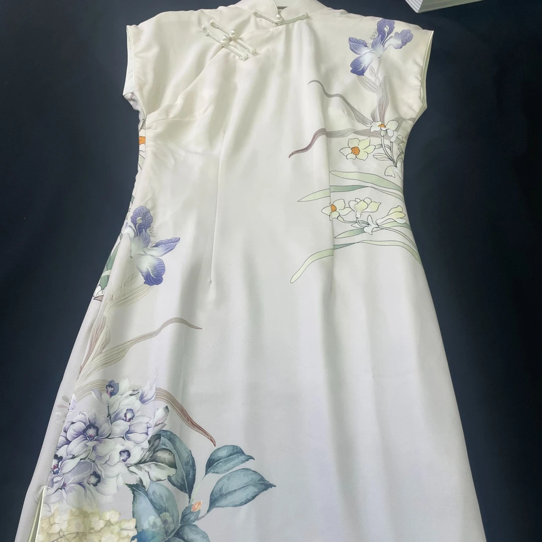 旗袍宴会一字扣旗袍优雅双层网红夏款印花女士裙子春夏