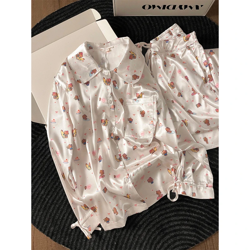 可爱Hello Kitty印花冰丝缎面睡衣女春秋新款长袖长裤家居服套装