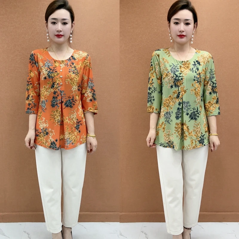母亲节春夏洋气大码中年装印花小衫休闲百搭妈妈修身显瘦中袖上衣