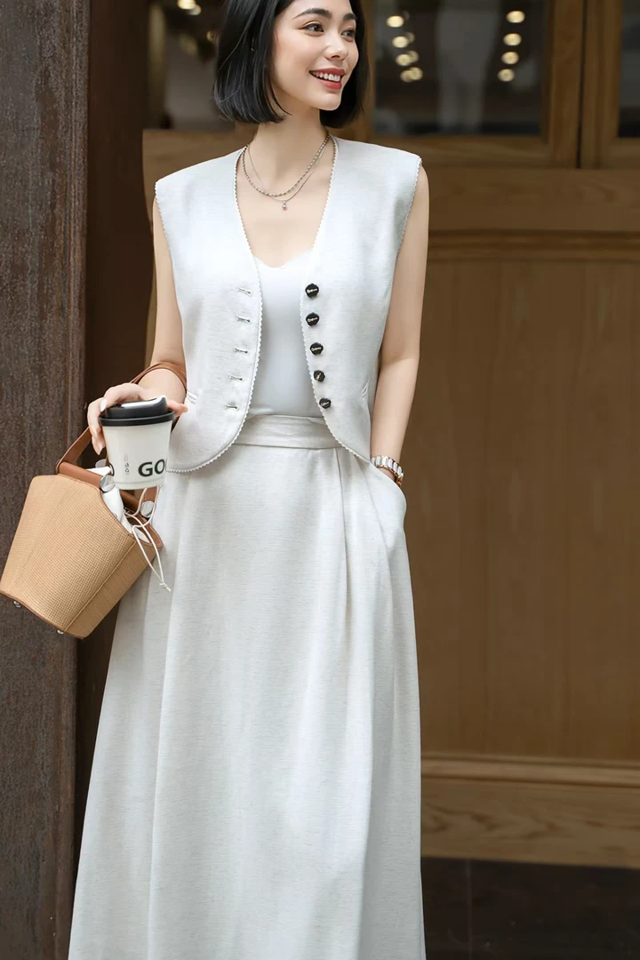 V领高定小众设计师款醋酸亚麻套装夏季气质裙子白色背心坎肩女装