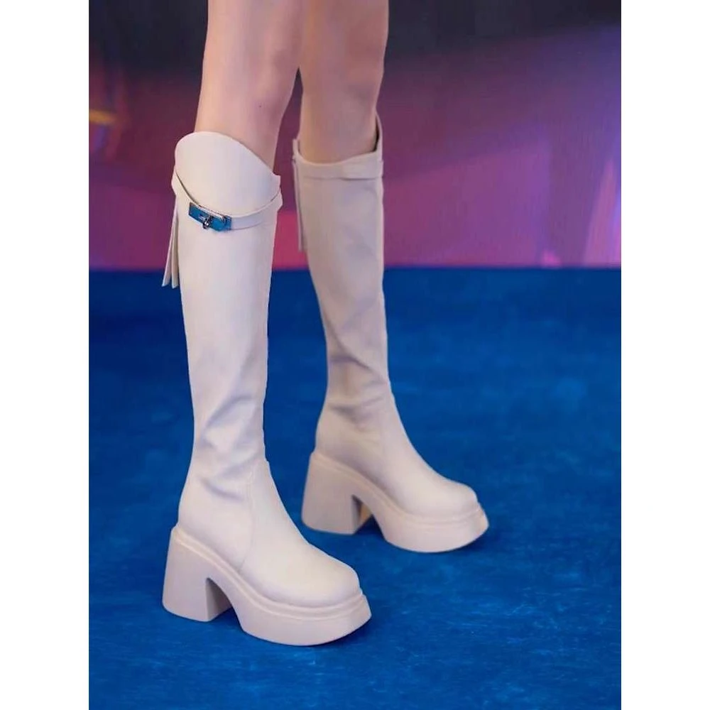 真皮粗跟厚底骑士靴女不过膝长筒靴2025秋冬新款高跟后拉链马丁靴