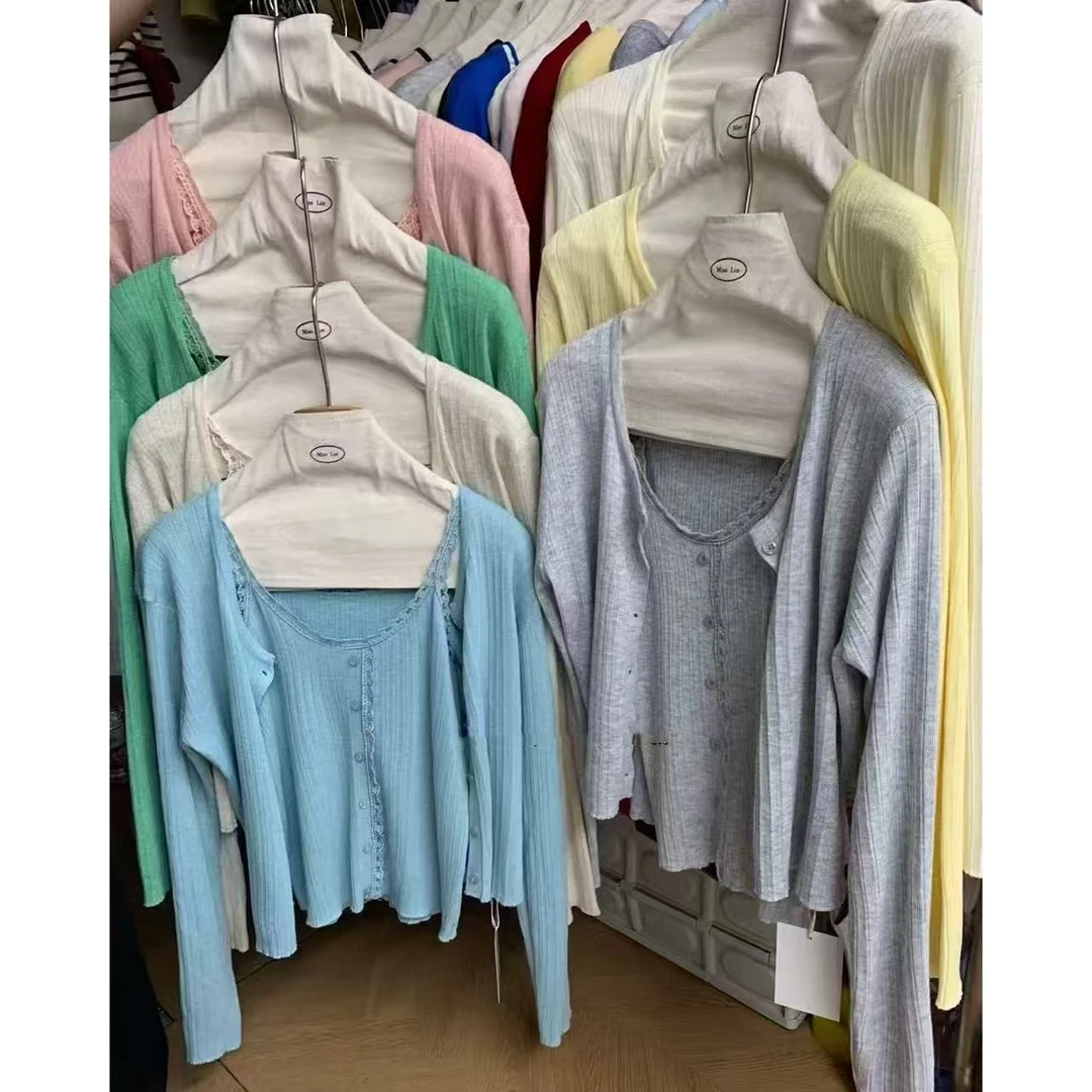 韩系小个子时尚减龄百搭针织开衫+蕾丝拼接背心两件套873#0.1