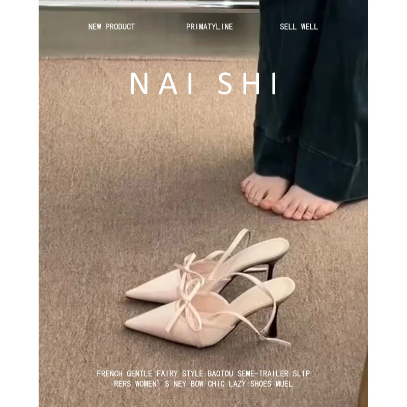 羊皮版！尖头蝴蝶结一字带包头凉鞋女绸缎后空高跟鞋镂空细跟单鞋
