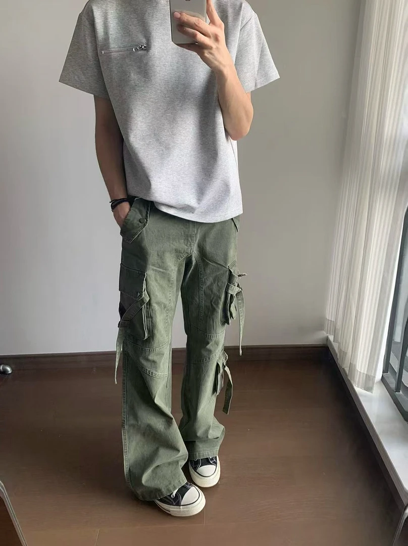 美式cleanfit多口袋绑带vibe工装裤微喇叭水洗做旧长裤