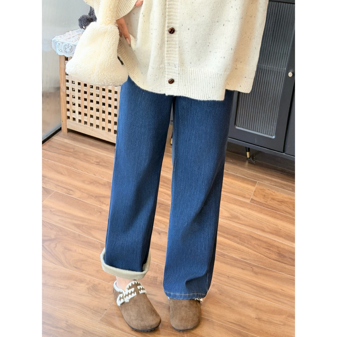 花契“软雪沾衣”大码女装冬季宽松200斤胖mm美式加绒牛仔裤15958-H