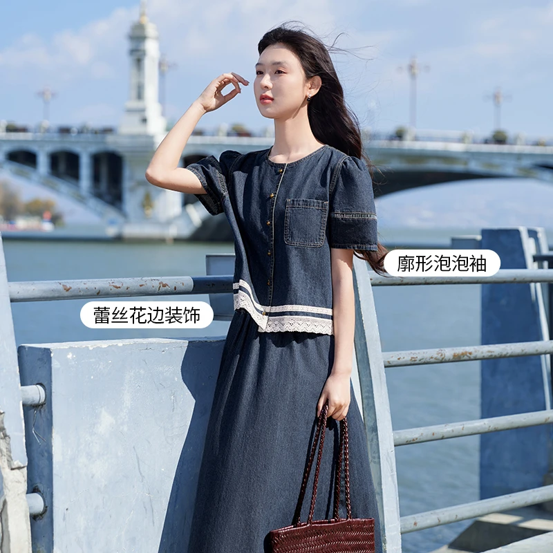 A65S163时尚套装 香影纯棉牛仔套装女夏季新款减龄一整套法式复古