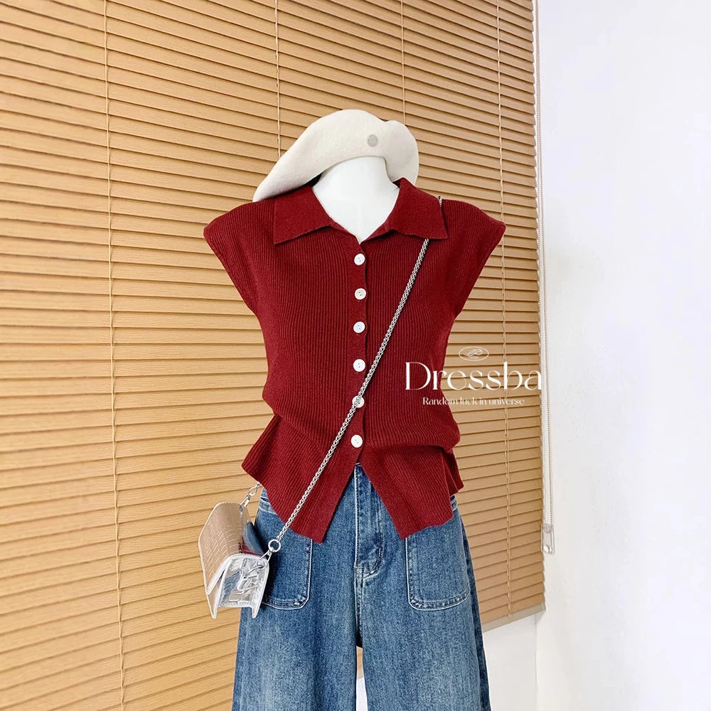 纯色无袖针织衫女夏季时髦气质修身显瘦外穿背心独特翻领流行上衣