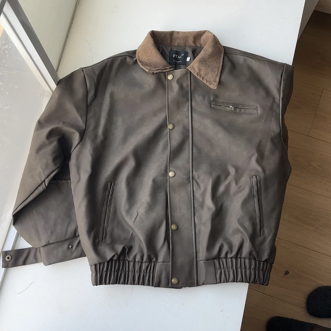 【慌慌】 美式复古巴恩风灯芯绒拼接PU皮廓形夹克工装外套775