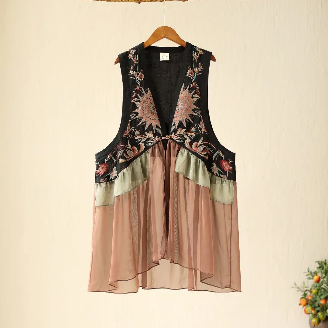 千椿物喜原创中式复古民族风亚麻拼接刺绣一粒盘扣中长款背心马夹