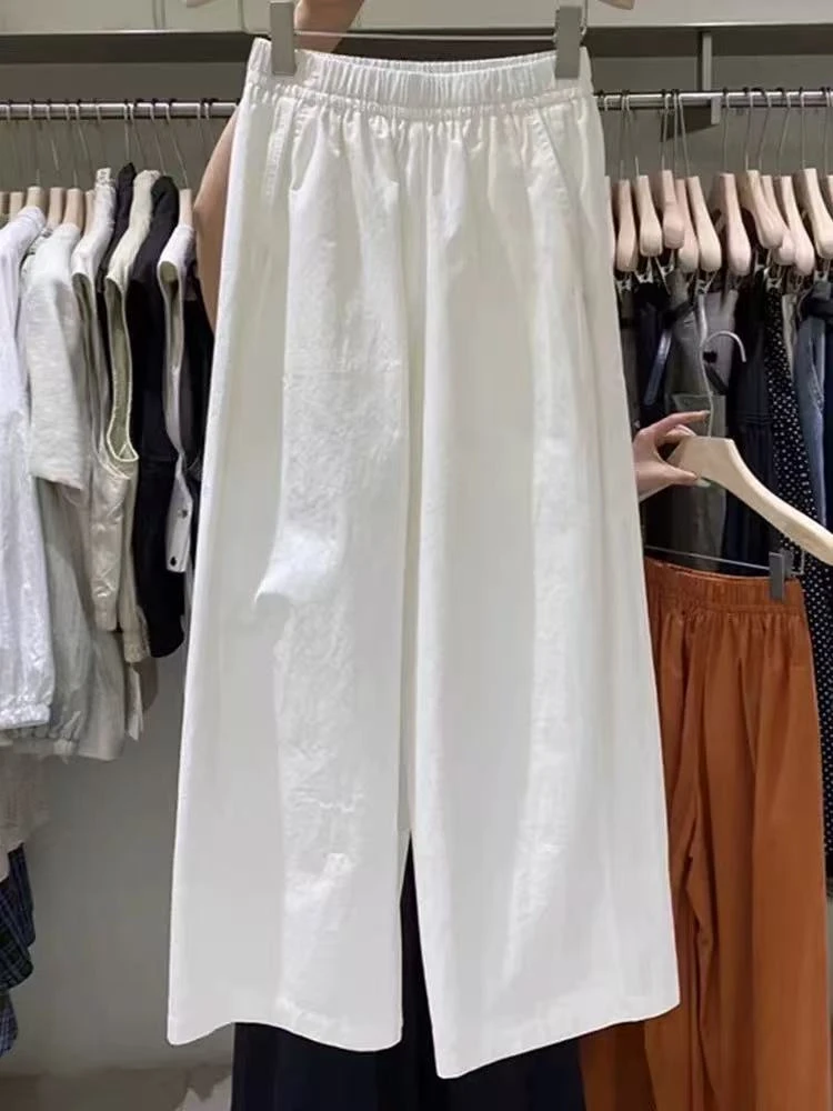 夏季新款简约白色松紧腰阔腿裤女小个子夏季薄款休闲