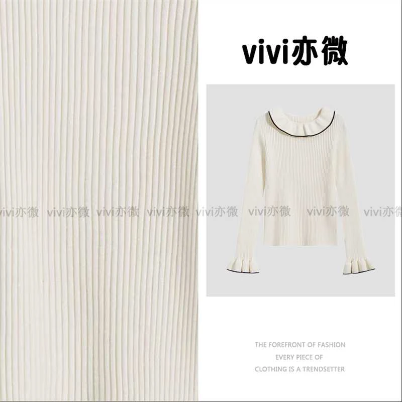 vivi亦微  |高级感撞色荷叶领长袖柔软亲肤针织衫女秋冬新款上衣