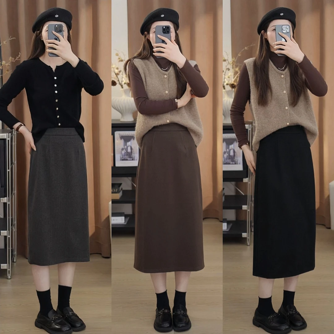 秋冬季毛呢小个子半身裙女中长款包臀裙高腰a字裙