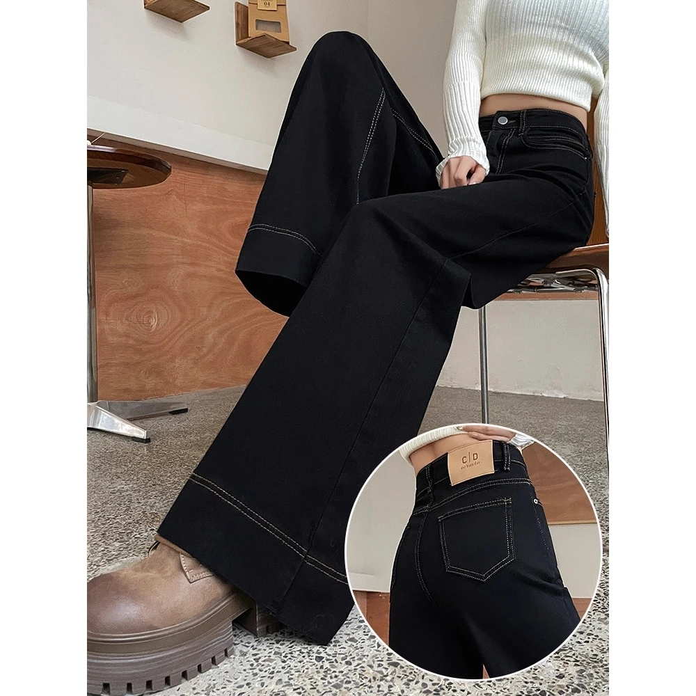 2025美式秋冬加绒流行穿搭女黑色阔腿牛仔裤胖mm弹力宽松休闲长裤