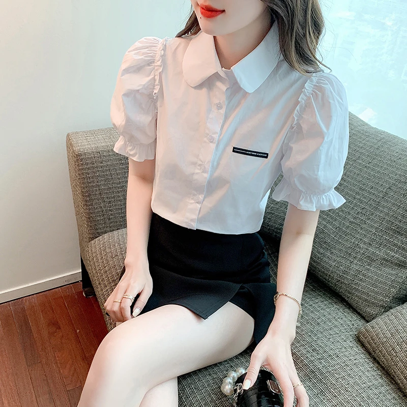 2025夏季新款高端娃娃领泡泡短袖衬衫女士木耳边拼接百搭纯色衬衣
